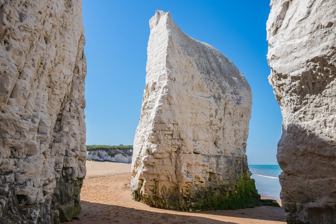 Botany Bay featuring chalk cliffs and a sea stack in Broadstairs, east Kent, England