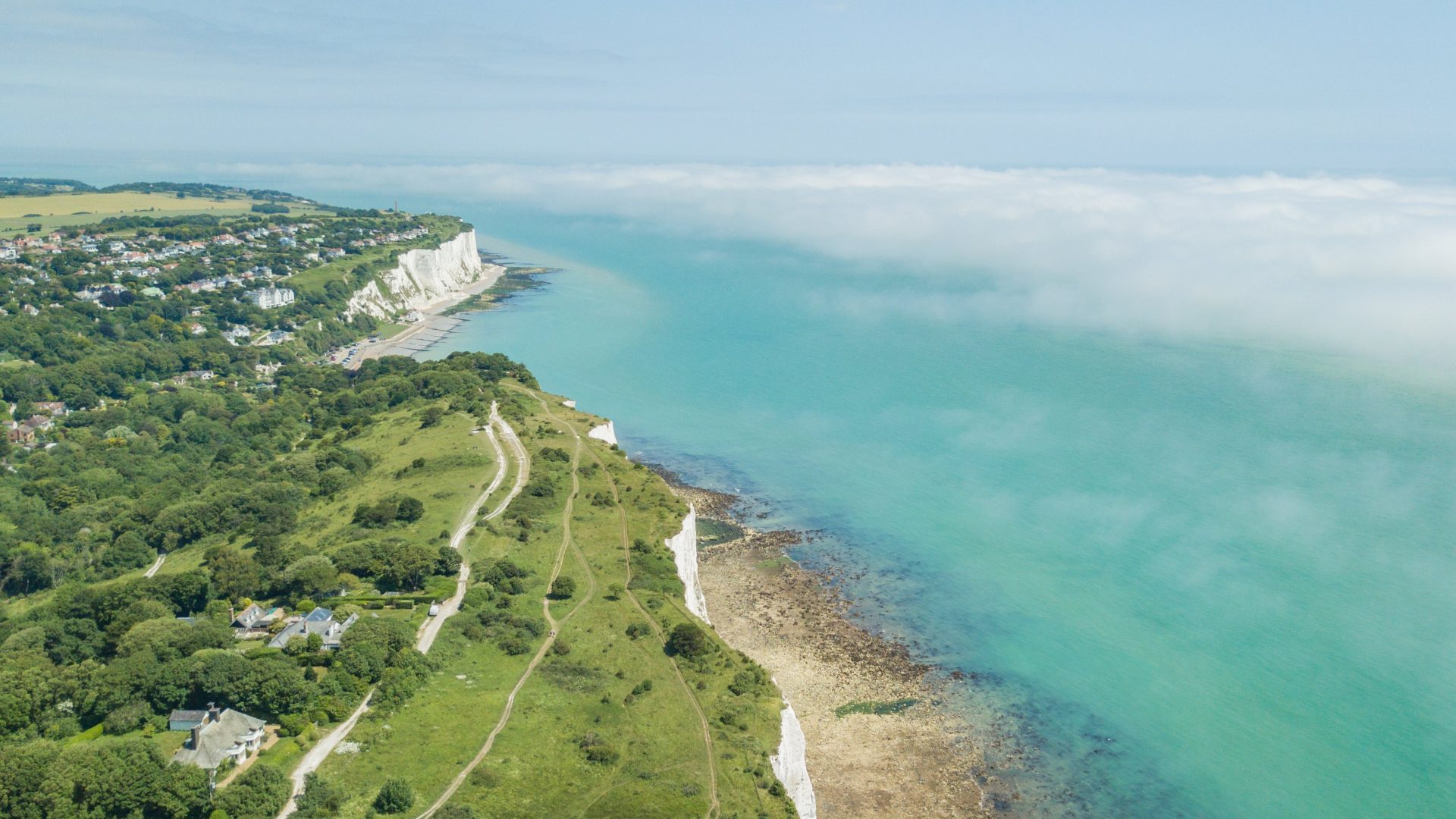 Aerial view of White Cliffs of Dover, St Margaret's Bay.