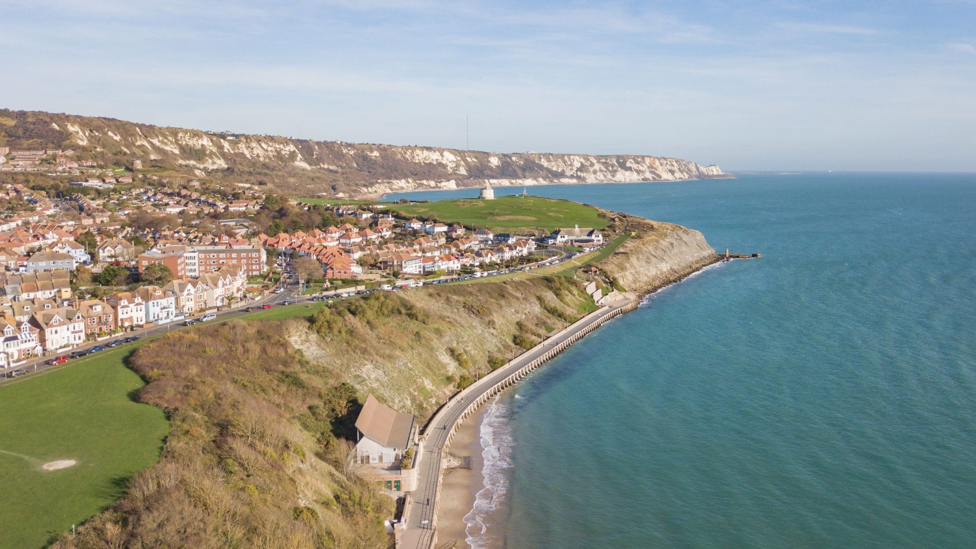 Aerial view of Folkestone, Kent on a bright blue sunny day