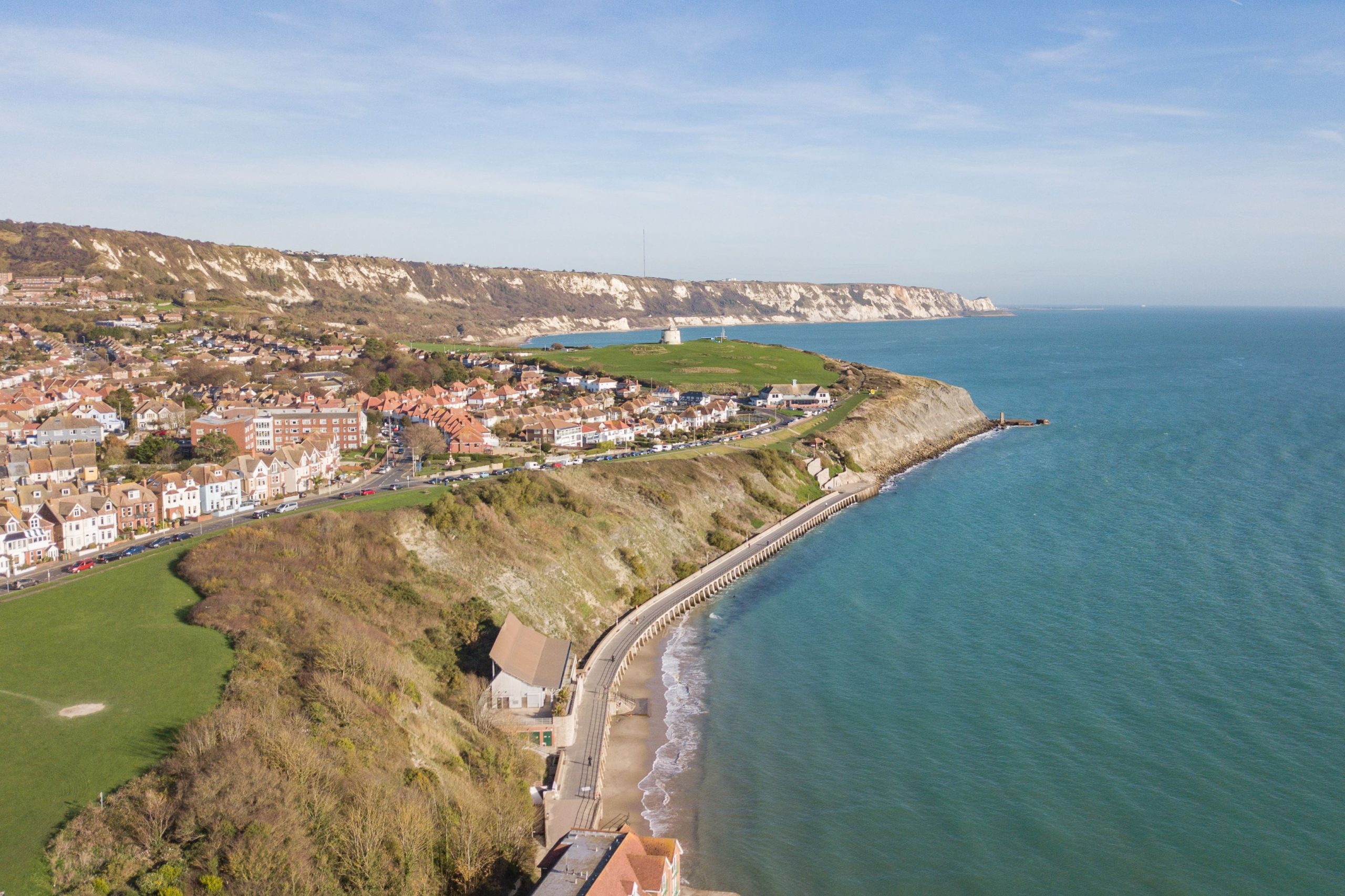 Aerial view of Folkestone, Kent on a bright blue sunny day