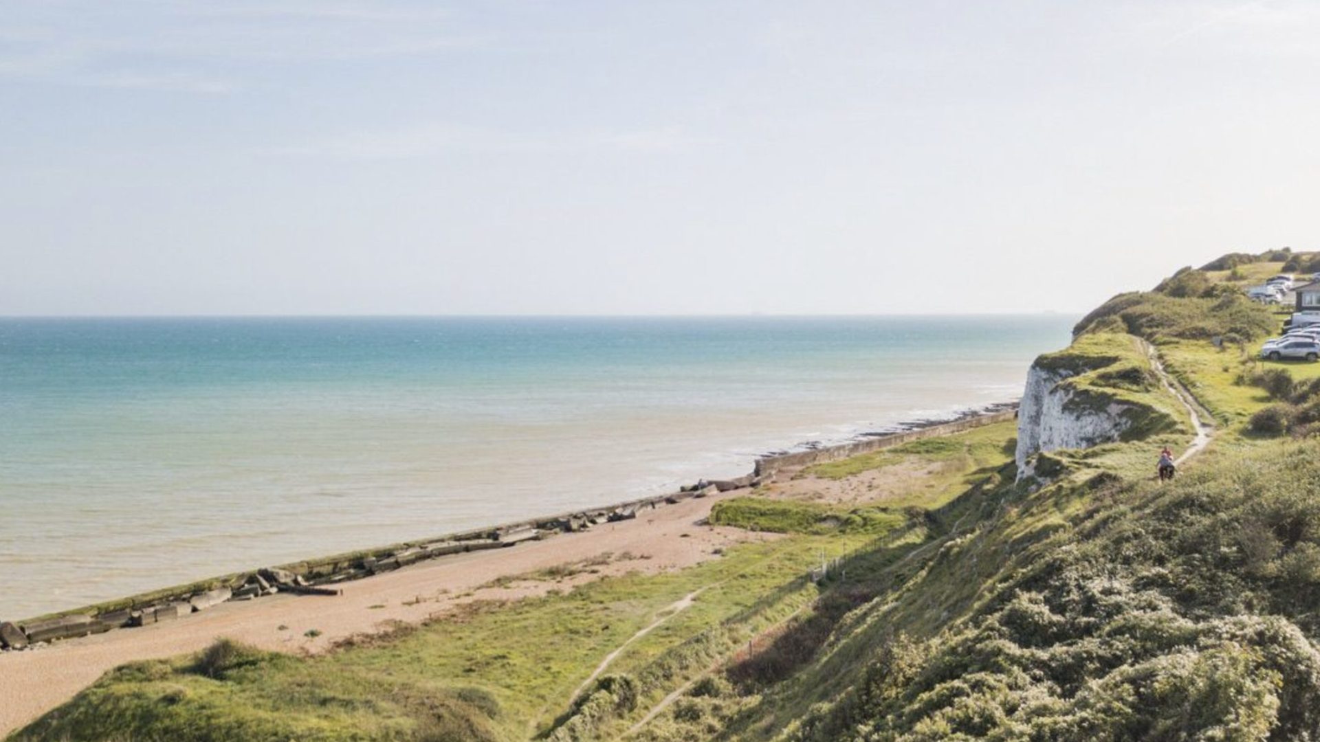 Aerial view looking out to sea and White Cliffs, in Kingsdown, Kent