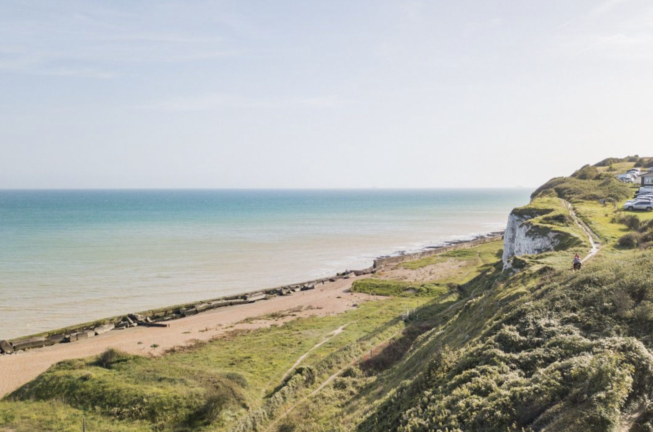 Aerial view looking out to sea and White Cliffs, in Kingsdown, Kent
